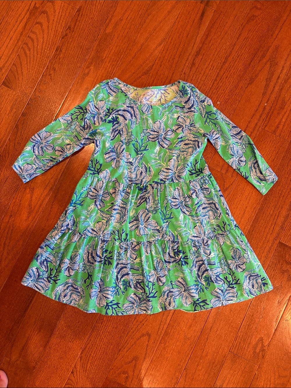Lilly Pulitzer Green Floral Long-Sleeve Tiered Dress with Blue Accents